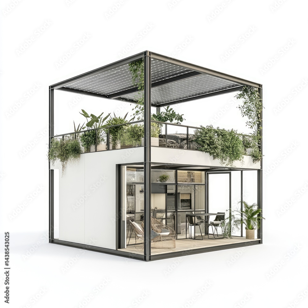 Poster modern two-story architectural design featuring outdoor greenery and open spaces with a minimalist a