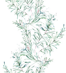leaves seamless watercolor background. A creative pattern. Vintage seamless watercolor pattern of plants, Herbs, leaves.
The pattern is seamless with a pattern of rosemary branches and pine needles.