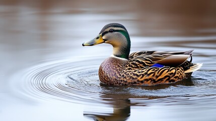 Fototapeta premium A close-up of a duck diving into the water, creating ripples on the pond is surface