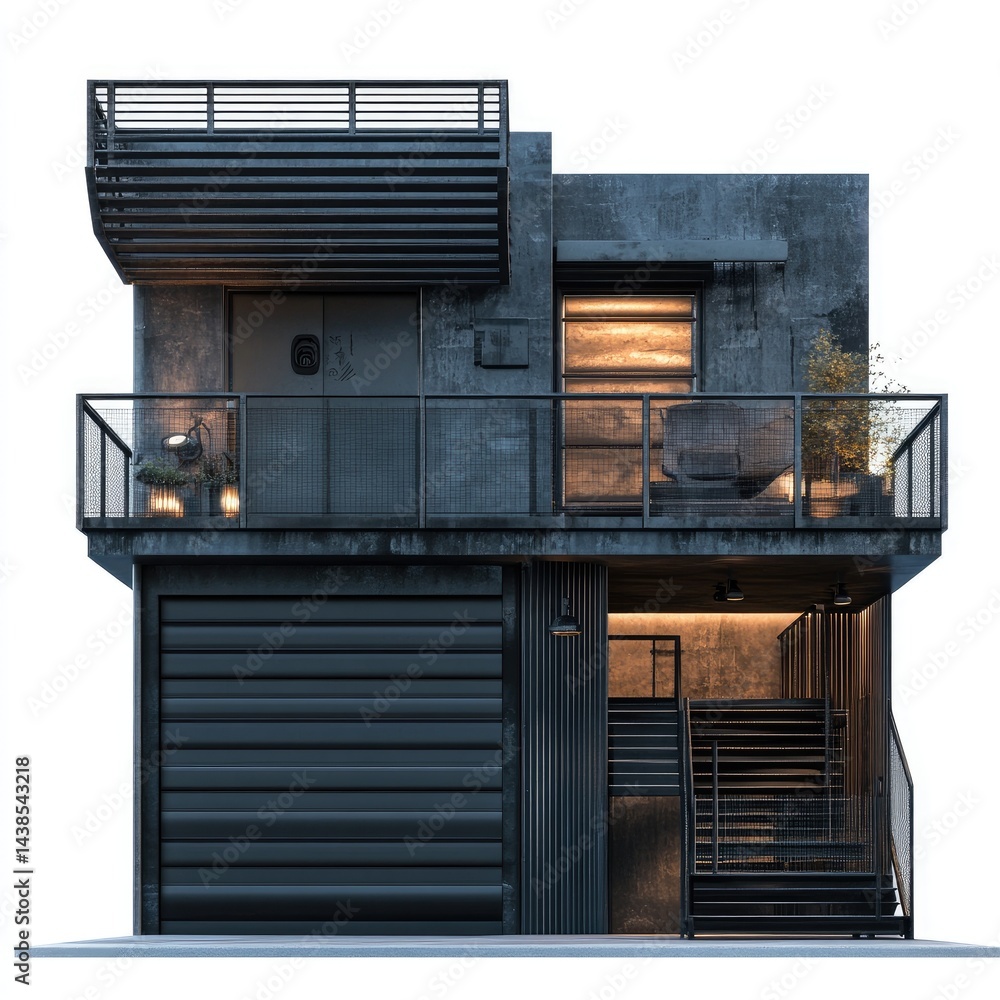 Poster a modern two-story building in a dark gray color scheme features a garage a balcony and a staircase.