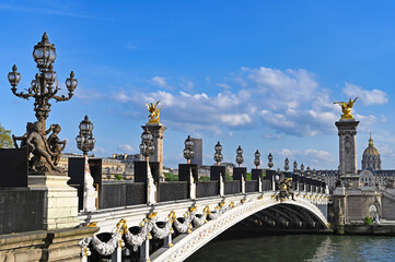 The Alexander III Bridge,statues and lanterns,Seine river,Paris, France