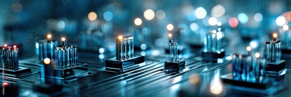 Poster Quantum Computer Chips Glowing in a Clean Blue Environment With Intricate Details and Cutting-Edge Technology on Display