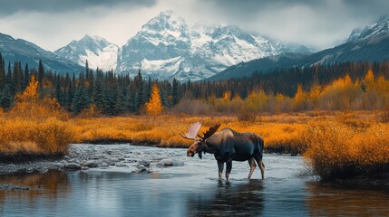 A moose crossing a river with mountains in the background on a cool autumn morning
