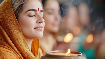Devotees chanting Hanuman Chalisa together during a spiritual ceremony, woman in traditional attire holding an oil lamp, serene and devotional atmosphere