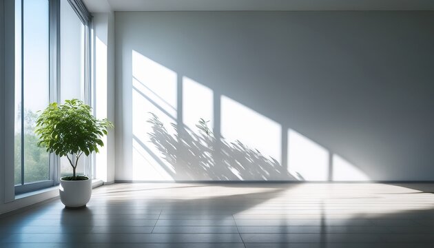 a bright minimalistic interior space with a large window casting shadows featuring a small potted plant on a sleek floor