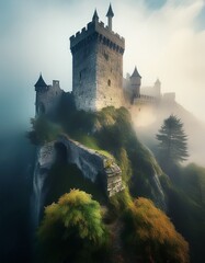 Mystische Burgruine umhüllt von dichtem Nebel