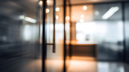 Blurry office interior focus on glass door modern workspace professional environment contemporary view