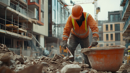 Construction Worker Digging at a Building Site