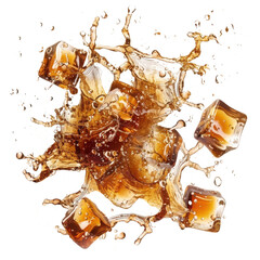 Ice cubes and cola splash explosion with brown spark creating dynamic and refreshing motion, Isolated Transparent Background