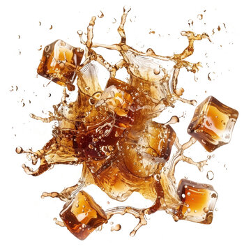 Ice cubes and cola splash explosion with brown spark creating dynamic and refreshing motion, Isolated Transparent Background