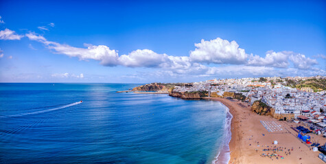 Aerial view of the city of Albufeira and its beach in the Algarve.