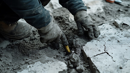 Construction Worker Using Tool on Concrete