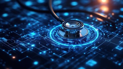 A stethoscope on a circuit board with blue and orange lighting, blending medical and technological elements.
