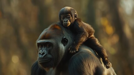 A baby gorilla riding on its mother is back in the wild jungle