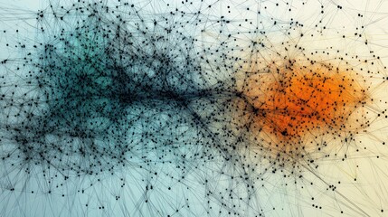 Abstract network visualization with interconnected nodes and lines, showing complex connections and data flow.