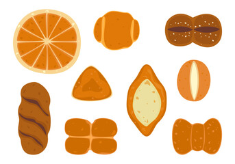 Bakery and fresh pastries set. Collection of homemade breads, fresh french bread slices, baguettes, assortment. Bakery and shop. Flat design vector illustration elements. Isolated. White background.