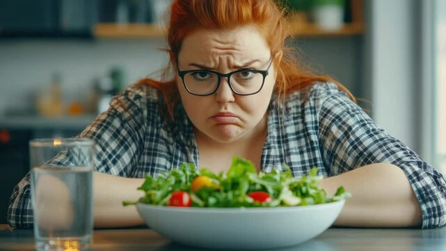An of a woman with glasses, holding her face in frustration and leaning on the table while eating salad. The scene suggests she may be struggling to maintain a healthy diet.