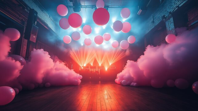 Stage decorated with balloons and disco lights creating a nostalgic atmosphere of an adult theme