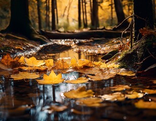 fallen yellow leaves in a puddle of water in the forest