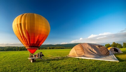 Obraz premium hot air balloon flight over ground inflating the hot air balloon in a green field before the flight over ground