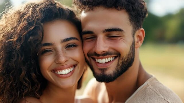 A joyful couple stands close in a vibrant park, sharing bright smiles under the warm sun. The atmosphere is relaxed and cheerful, showcasing their affection and happiness.