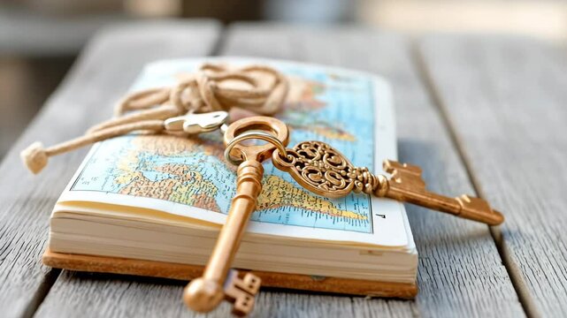 Antique brass key &ndash; mysterious, nostalgic feeling &ndash; resting on an old journal &ndash; vintage wooden table with faded map and soft sunlight streaming in.