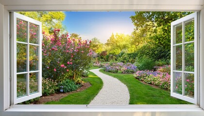 Naklejka premium beautiful garden pathway framed by open white window overlooking blooming flowers and lush greenery in bright daylight