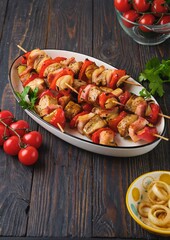 Step-by-step preparation of skewers on a skewer made of chicken, sweet pepper, bacon and onion on a light concrete background.