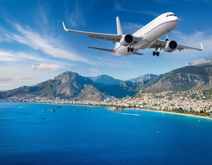 white passenger airplane flying over coastal city mountains and blue sea