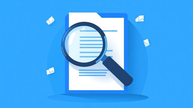 Document review, magnifying glass, blue background, data analysis, website illustration