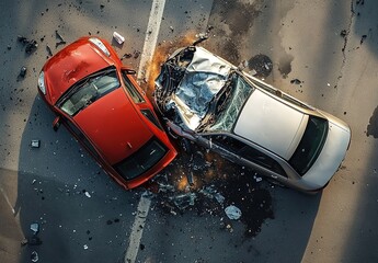 Head-on collision between silver and red cars on wet road with debris
