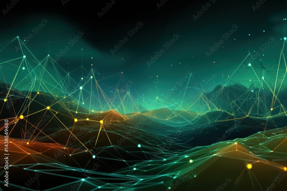 Poster Network of Bots Illuminating Digital Terrain in Vibrant Colors During an Abstract Exploration of Technology and Connectivity