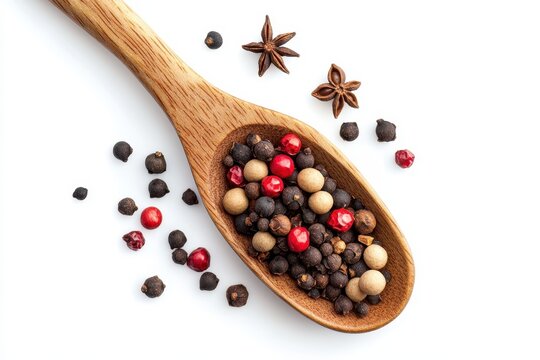 Aromatic blend of colorful peppercorns and star anise on a wooden spoon vibrant spices culinary delight overhead view white