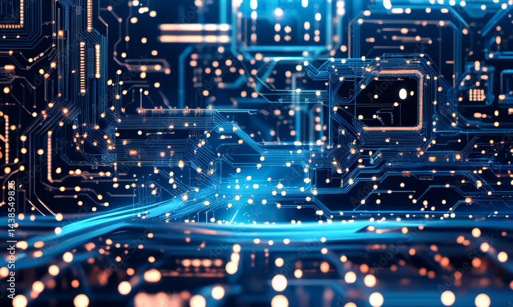 Poster abstract futuristic, high-resolution digital artwork depicting a glowing blue microchip embedded. qu