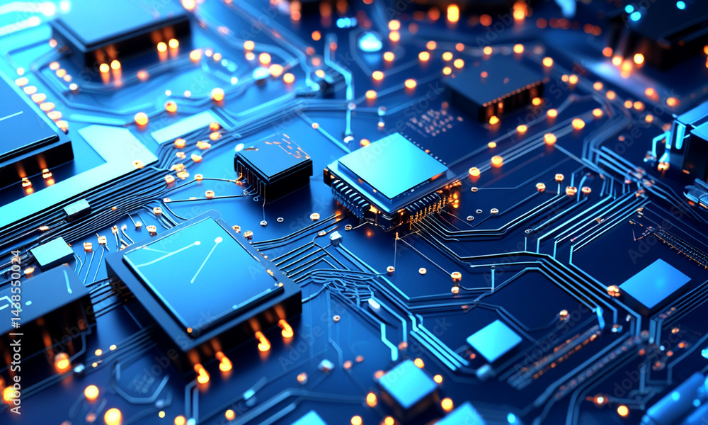 Poster abstract futuristic, high-resolution digital artwork depicting a glowing blue microchip embedded. qu