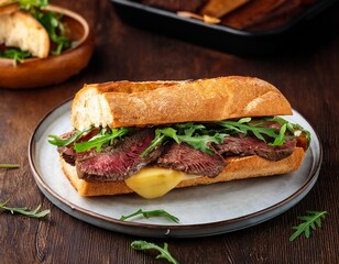 steak sandwich with thinly sliced beef caramelized onions melted cheese and arugula on a toasted baguette
