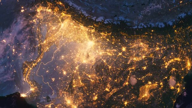 Planet Earth at Night. Asia, India Zoom Out. View from Space Orbit. Night Globe