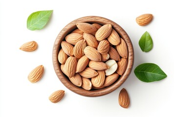 A rustic wooden bowl brimming with healthy almonds nestled amongst vibrant green leaves evokes feelings of freshness and natural