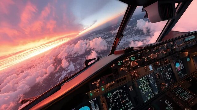 Modern airplane cockpit - focused, high-alert precision - pilots operating controls mid-flight - illuminated dashboard with cloud-filled sky through windshield