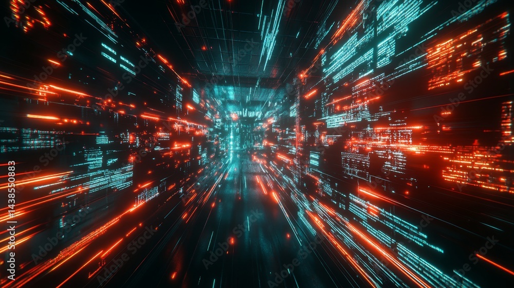 Poster dynamic data flow simulation virtual environment digital art futuristic setting perspective view con