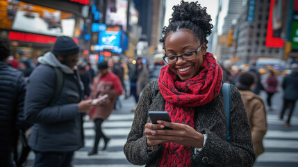 Obraz premium Smiling Black woman in glasses and red scarf using smartphone while standing on a busy city street, surrounded by people and illuminated billboards in an urban atmosphere.