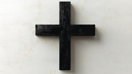 Black wooden cross on plain white wall