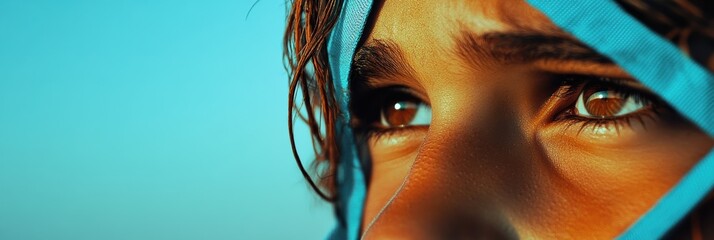 humanitarian campaign, a collage banner with transparent refugee camp images, blue ribbons, and hopeful faces, ready for mission statements or buttons, with a soft gradient overlay