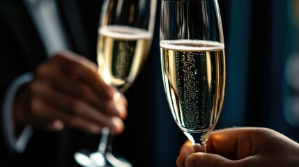 Two people clink champagne glasses in a celebratory toast, highlighting bubbles and an elegant atmosphere.