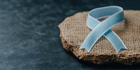 humanitarian efforts, a sharp focus on a blue and white world refugee day awareness ribbon on a fabric background with humanitarian campaign materials