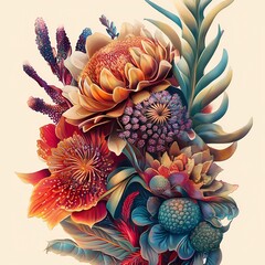 Vibrant exotic flower bouquet, garden art, floral design, cream background, greeting card