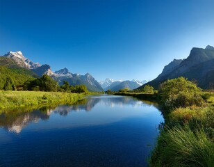 Fototapeta premium a serene landscape featuring a river reflecting majestic mountains and lush greenery under a clear blue sky