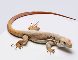 Naklejka premium a lizard with a long tail and a pointed head the lizard is tan and white it is laying on a white background