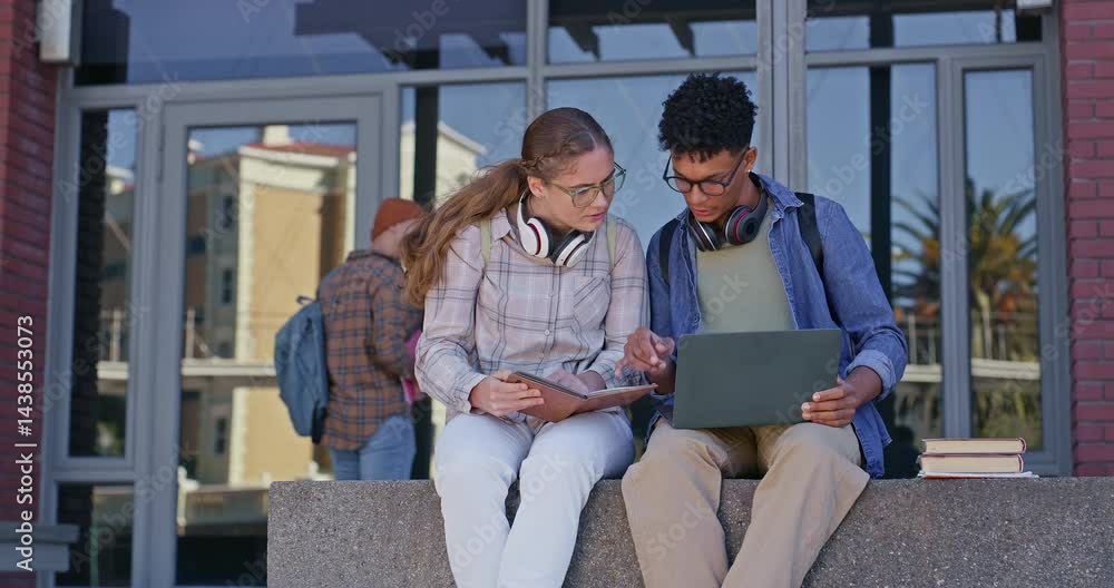 Poster University, students and friends with laptop and notes on campus for education, knowledge or learning. College, man and woman with discussion for scholarship opportunity, lecture or class together
