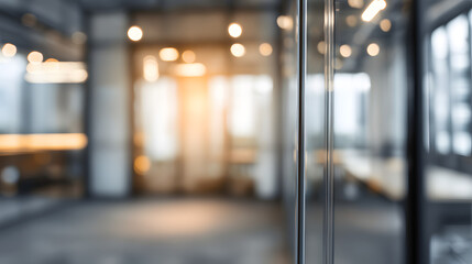 Blurred office interior background with door modern workspace soft lighting professional atmosphere